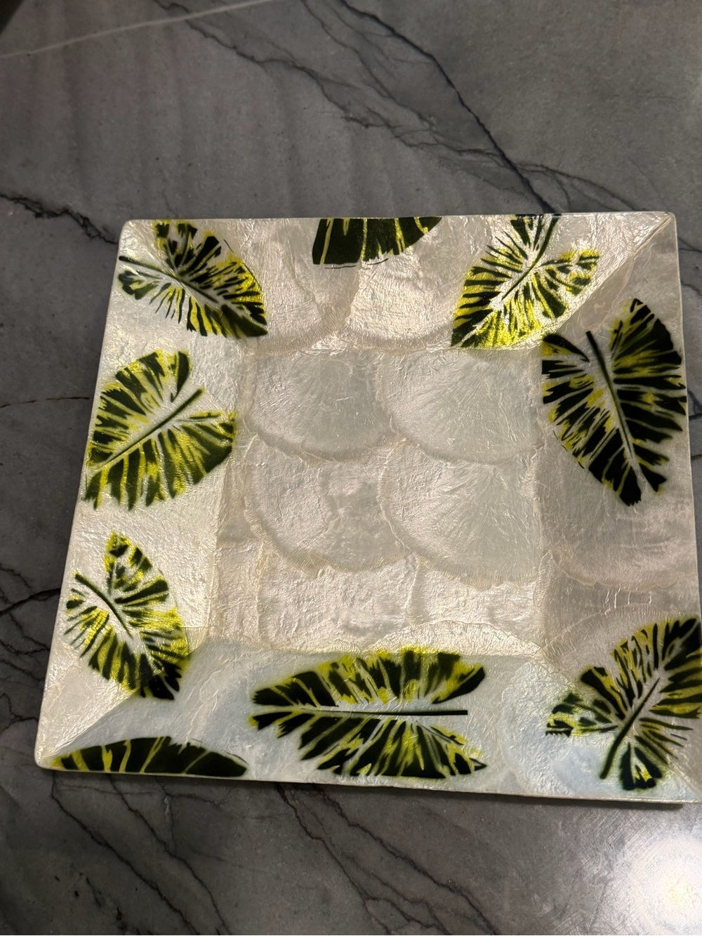 NIB Decorative Capiz Square Plate with Green Leaf Accent